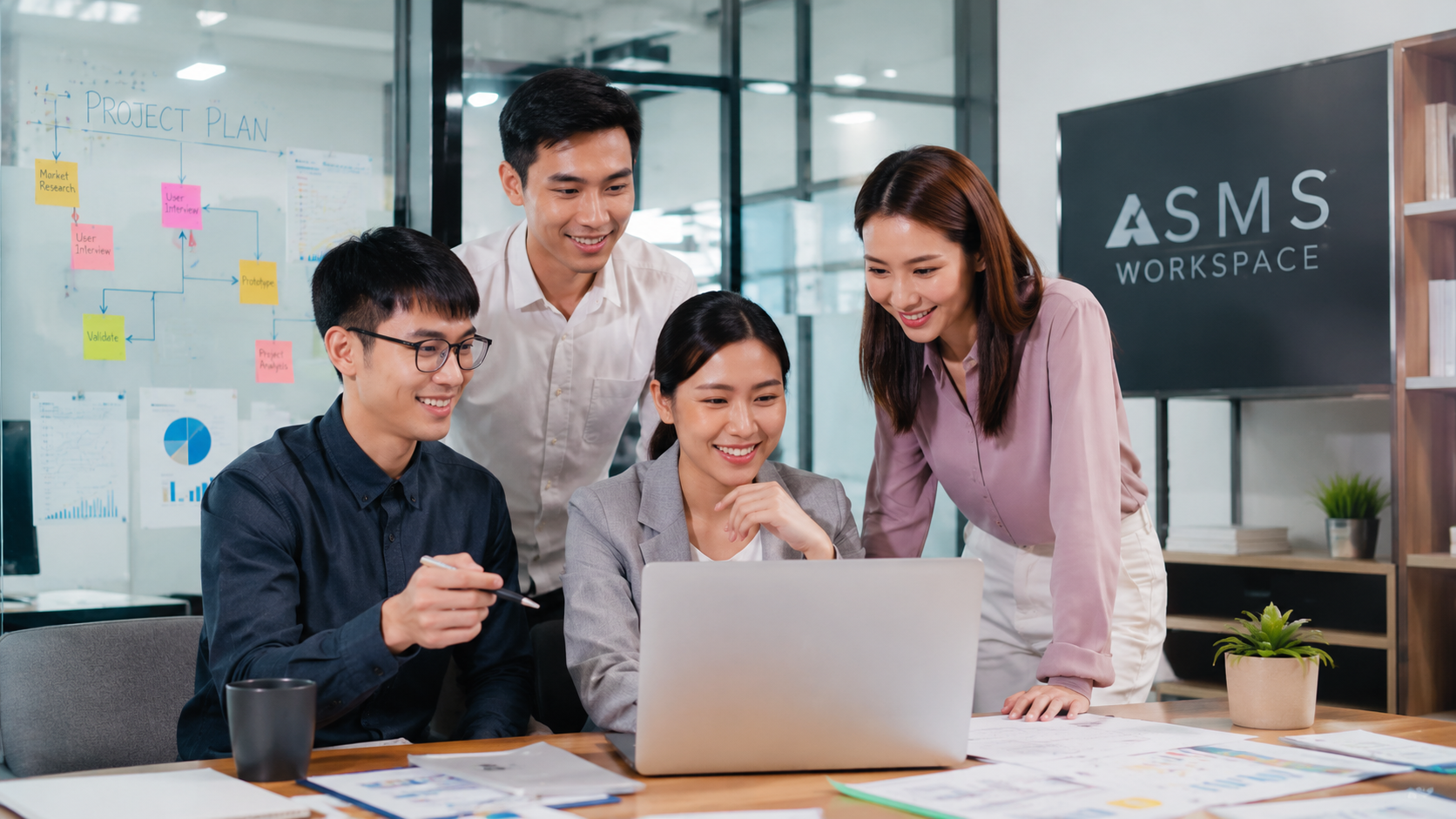 Team working together on a project in a modern office