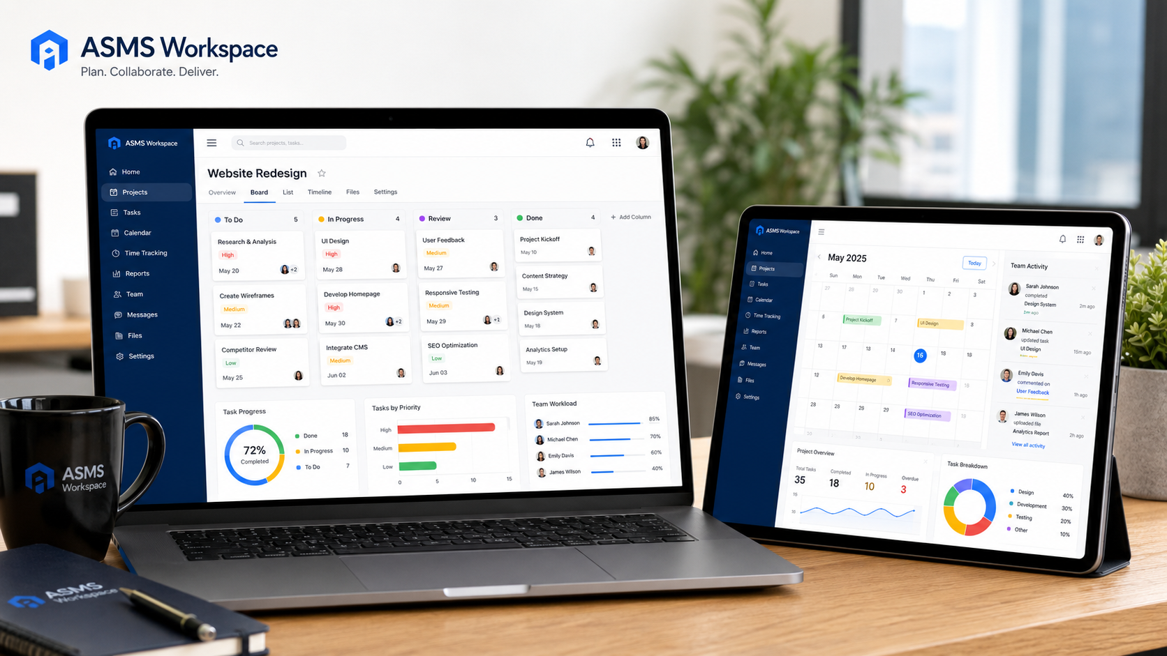 ASMS Workspace project and task management software shown on laptop and tablet